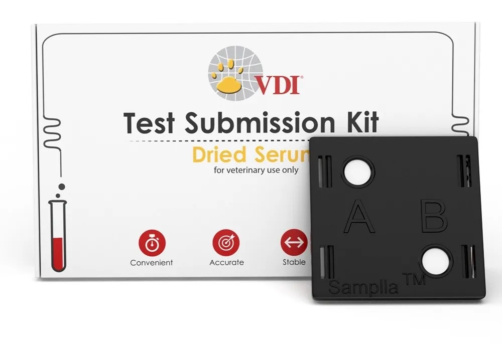 A VDI dried serum test submission kit with its sample card, used for gut health blood testing.