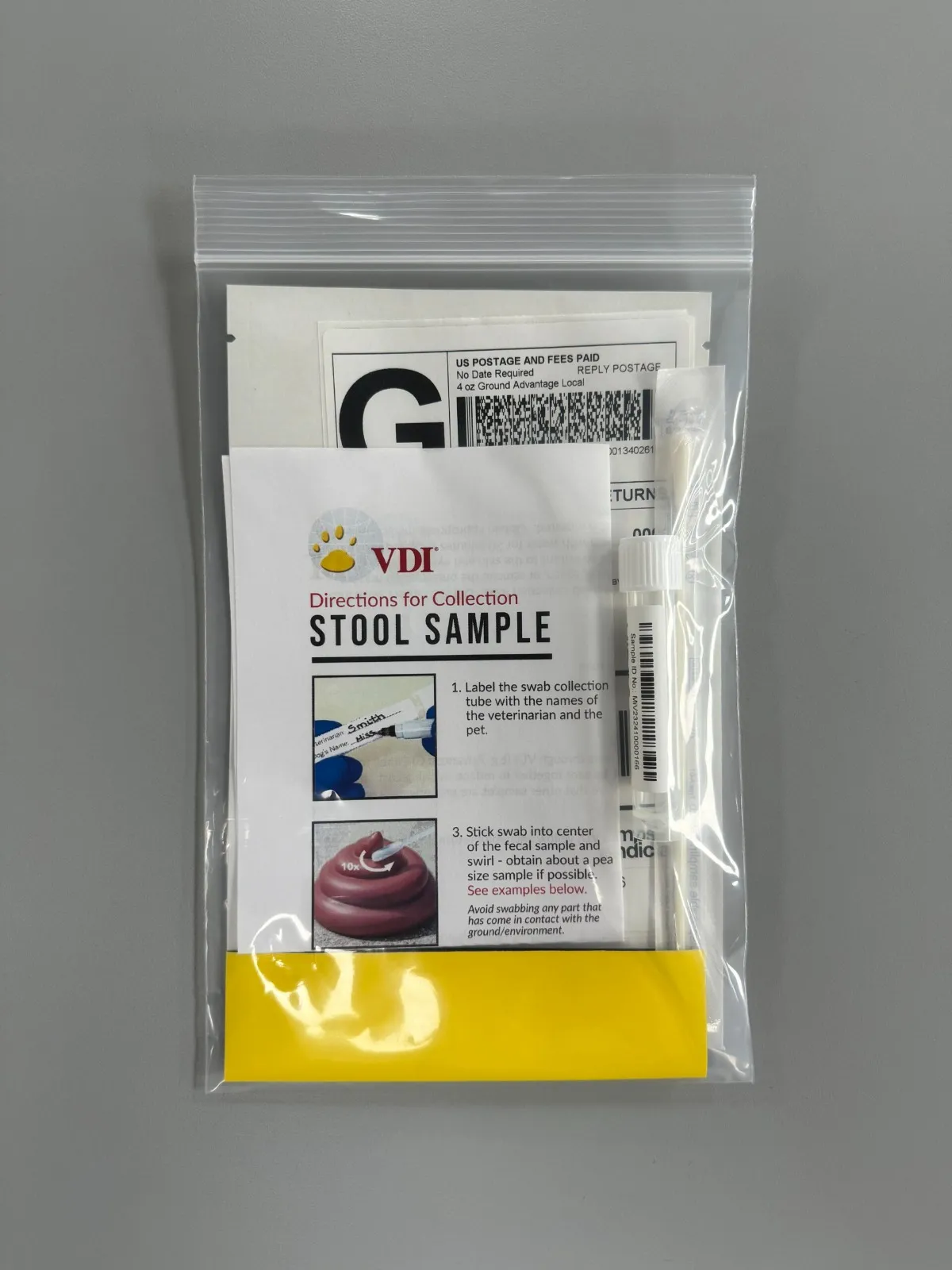A stool sample collection kit for gut microbiome testing: swab tube, collection directions and return postage in a sealed bag.