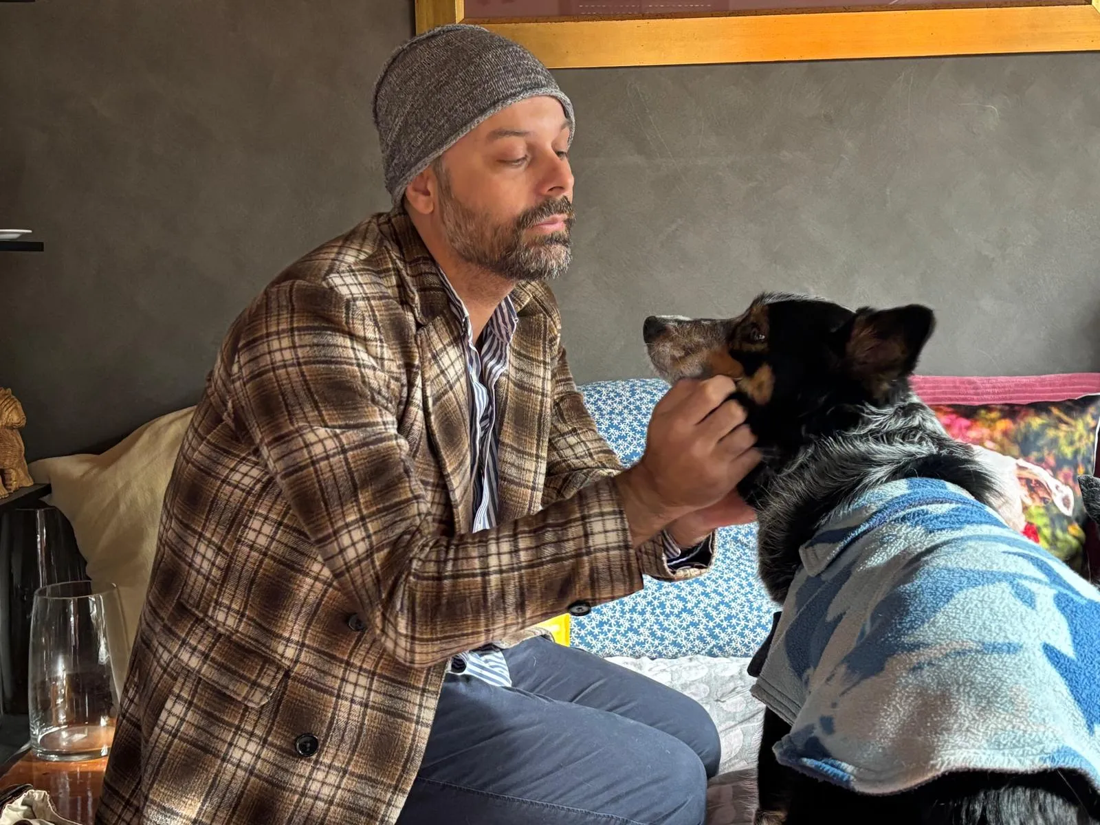 Dr Tristan gently holding a dog's face to examine it, on the couch in a client's living room.
